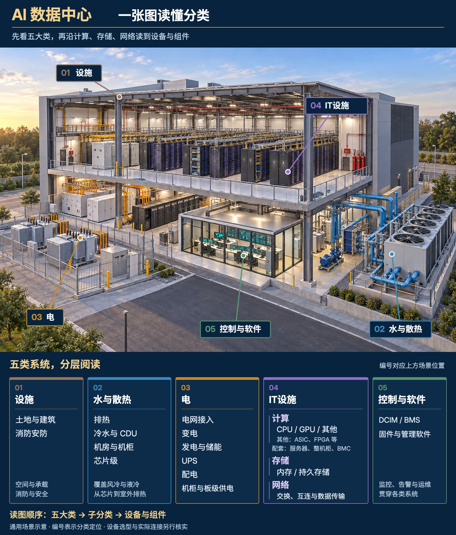 数据中心剖面与五类系统：设施、水与散热、电、IT设施、控制与软件。IT分计算、存储、网络；计算分CPU、GPU、其他；存储分内存与持久存储。